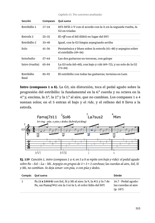 Página 315: forma de la Canción 1, partitura de la intro a dos guitarras y la tabla compás por compás